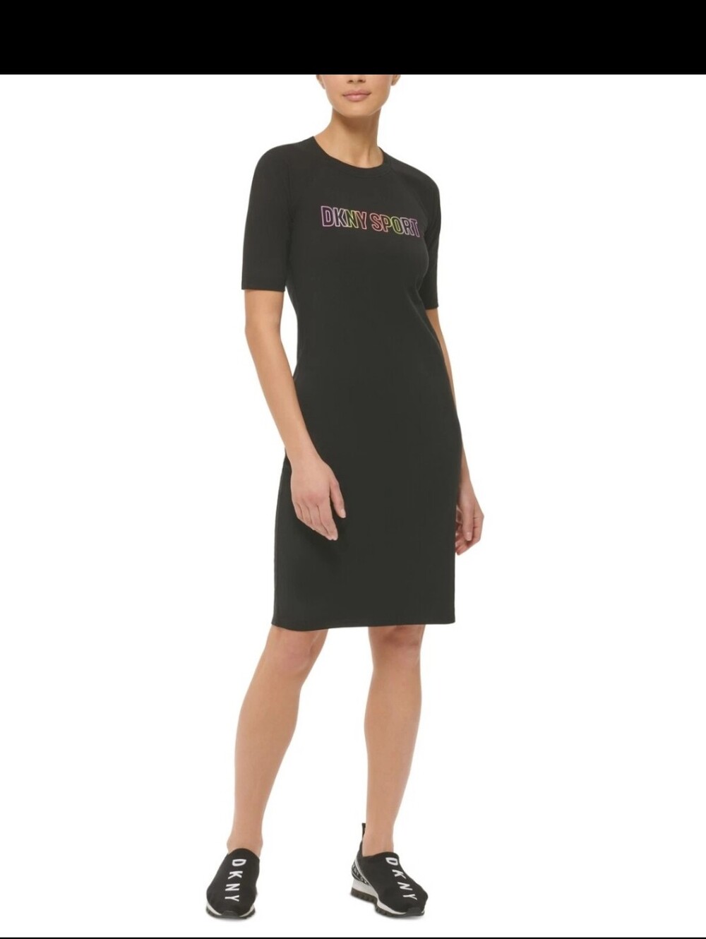 DKNY Black Knit Logo Midi Dress with Multicolor Chest Branding